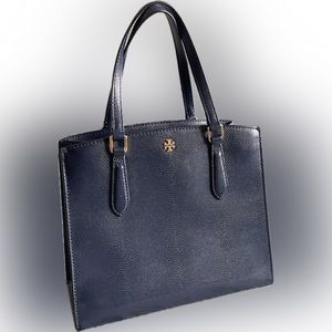 Tory Burch Robinson Navy Handbag with Gold Hardware and Shoulder Strap
